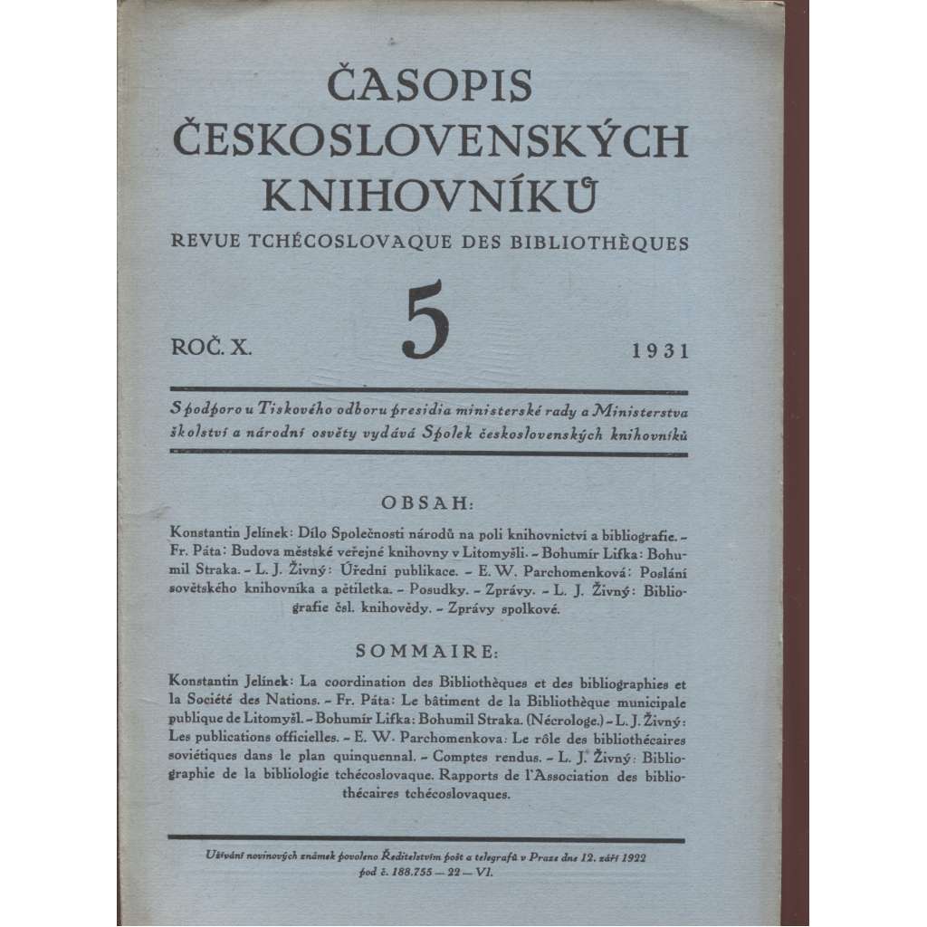Časopis československých knihovníků, ročník X./1931, číslo 5.