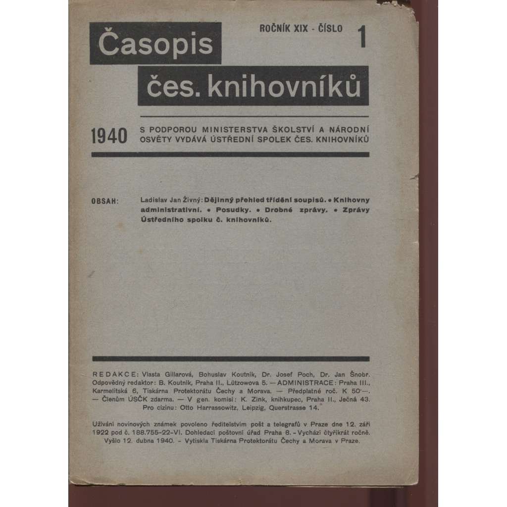 Časopis českých knihovníků, ročník XIX./1940, číslo 1., 2. a 4.