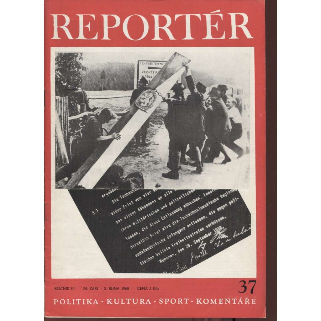 Reportér, ročník III./1968, číslo 37. Týdeník pro politiku, kulturu  a sport