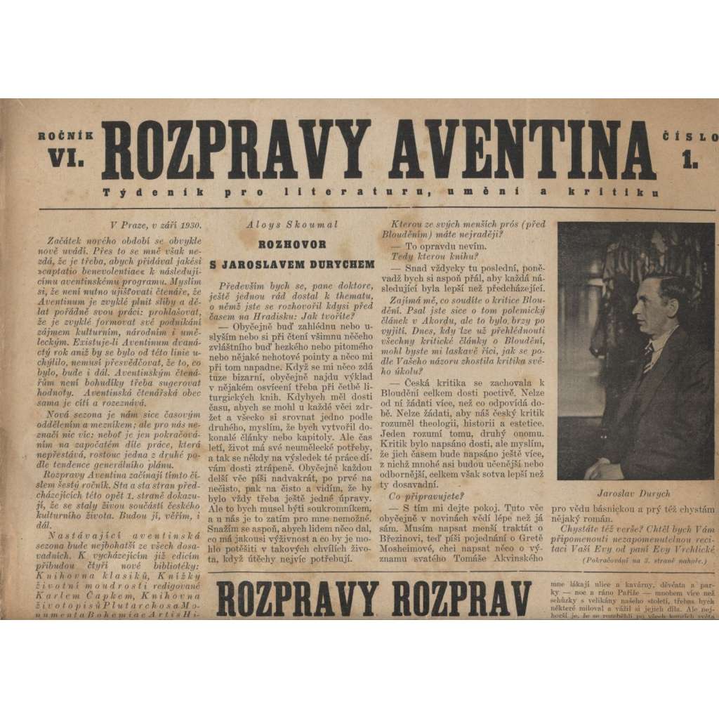 Rozpravy Aventina, ročník VI./1930-1931, čísla: 1.-11., 13.-17. a 18.-40. Týdeník pro literaturu, umění a kritiku