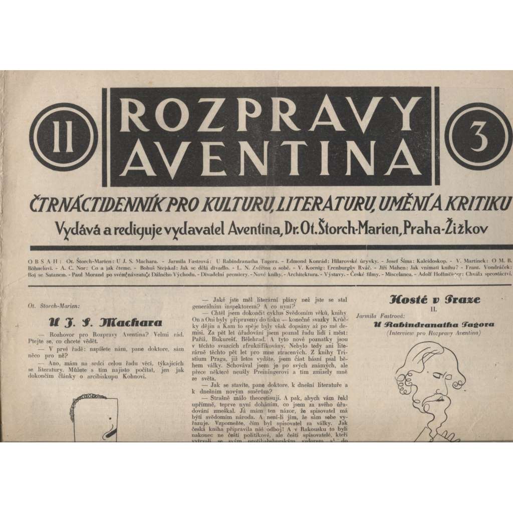 Rozpravy Aventina, ročník II./1926-1927, čísla: 3., 6.-7., 11.-15. Čtrnáctidenník pro kulturu, literaturu, umění a kritiku