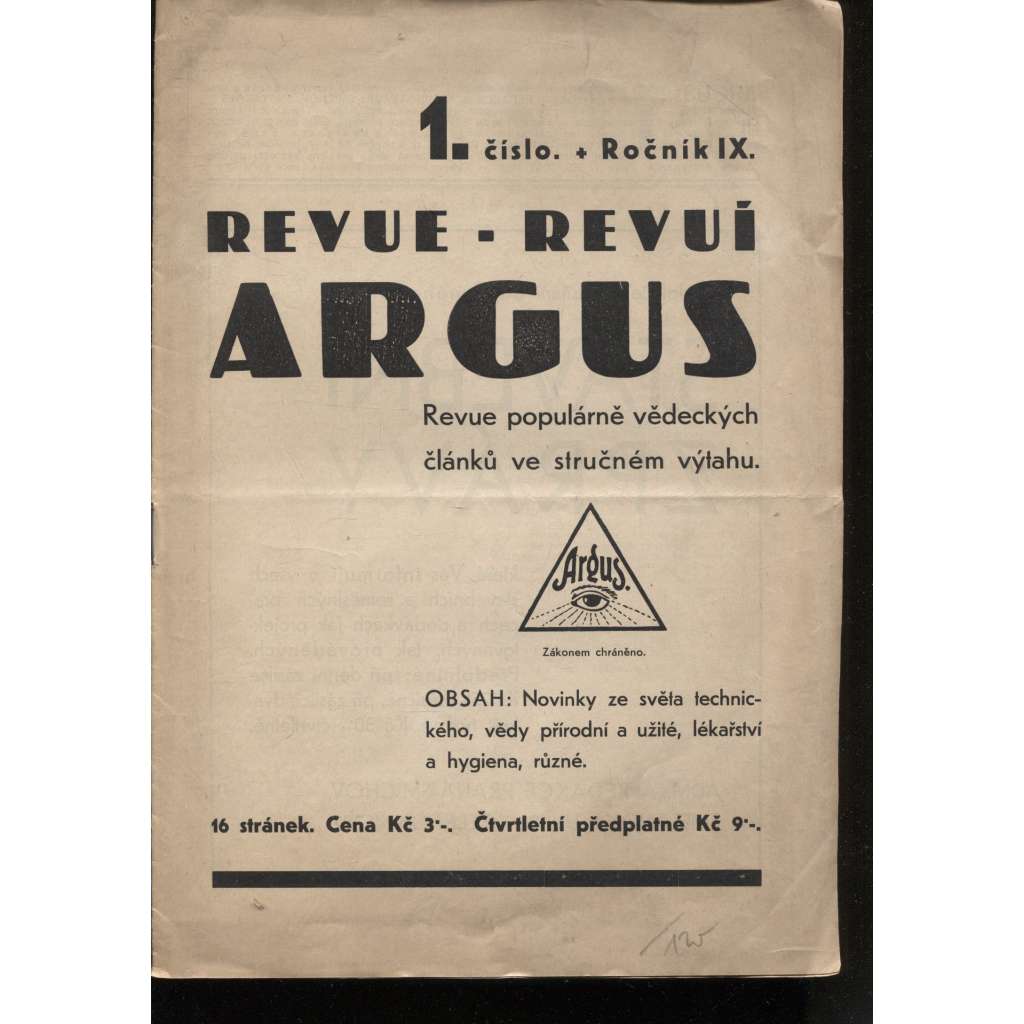 Argus, ročník IX., číslo 1./1932. Revue populárně vědeckých článků ve stručném výtahu