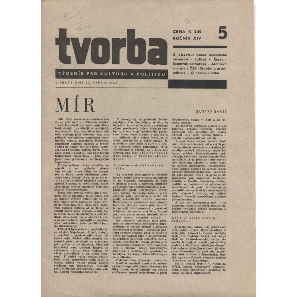 Tvorba – Týdeník pro kulturu a politiku, ročník XIV., čísla 5-13/1945