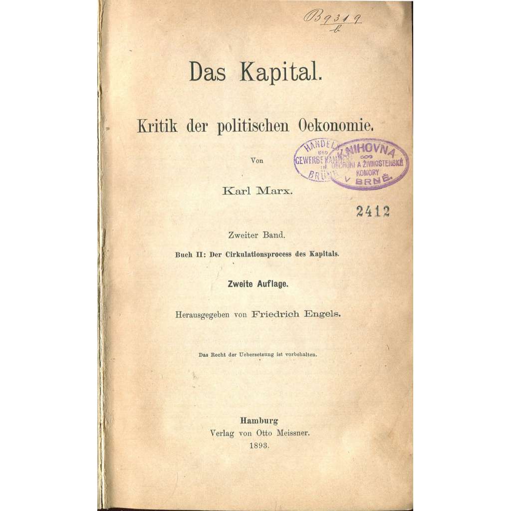 Das Kapital. Kritik der politischen Oekonomie. Zweiter Band [Marx; Kapitál II; svazek 2; druhé vydání]