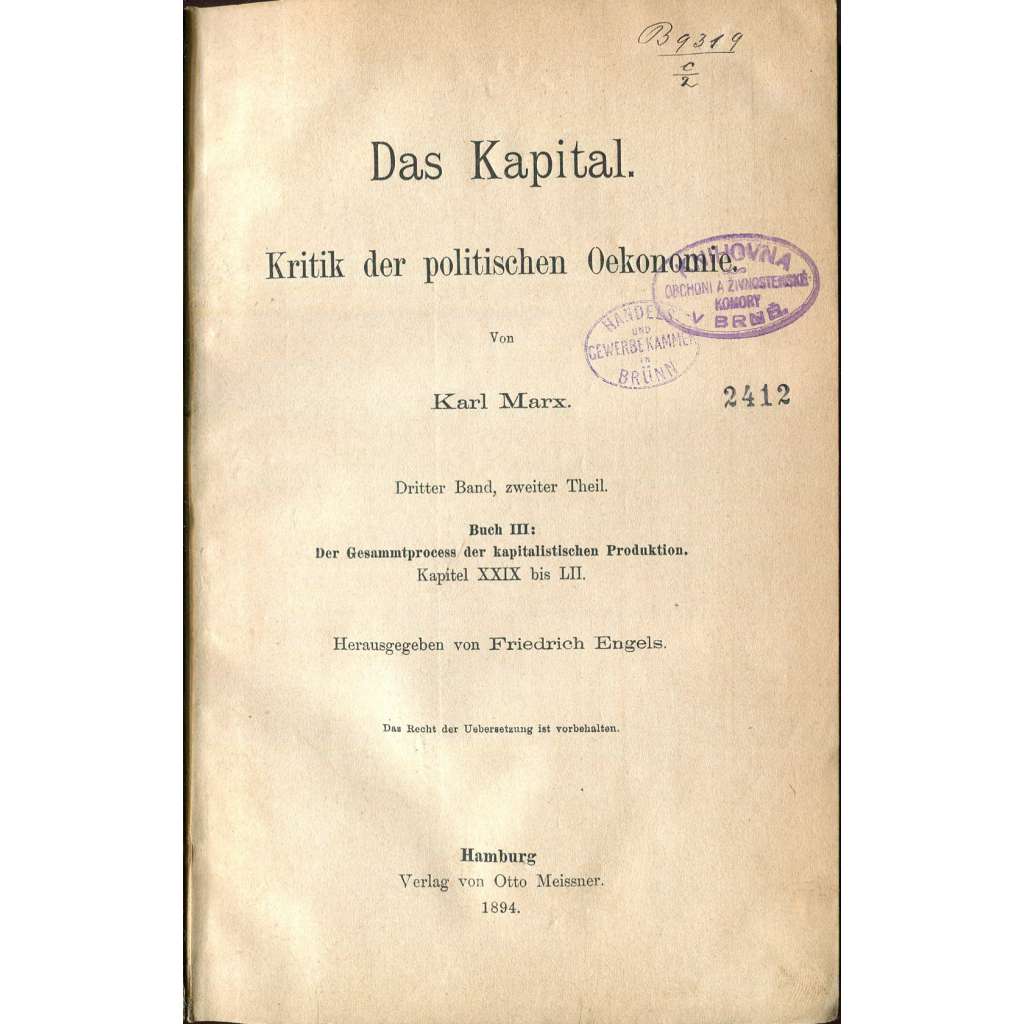 Das Kapital. Kritik der politischen Oekonomie. Dritter Band, zweiter Theil [Marx; Kapitál III; svazek 3; první vydání]