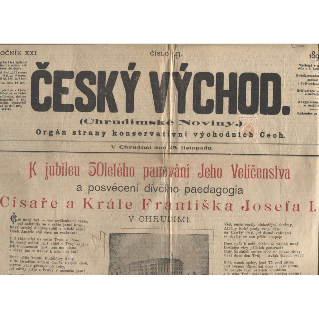 Český východ. Chrudimské noviny, ročník XXI., číslo 47/1898 (Chrudim)