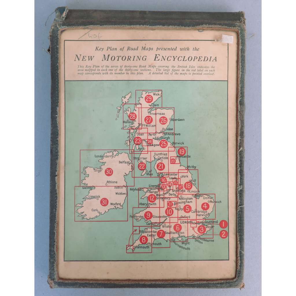 Key Plan of Road Maps presented with the New Motoring Encylopedia [staré silniční mapy, Británie, Anglie, Wales, Skotsko, Irsko, motorismus]