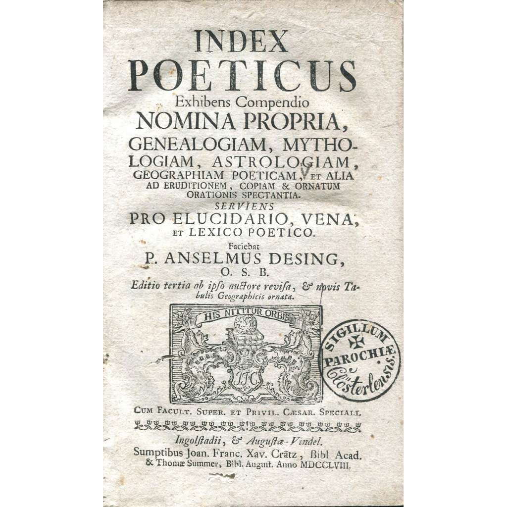 Index Poeticus [slovník; lexikon; mytologie; zeměpis; geografie; astronomie; antika; literatura; mapy; rytiny; staré tisky]