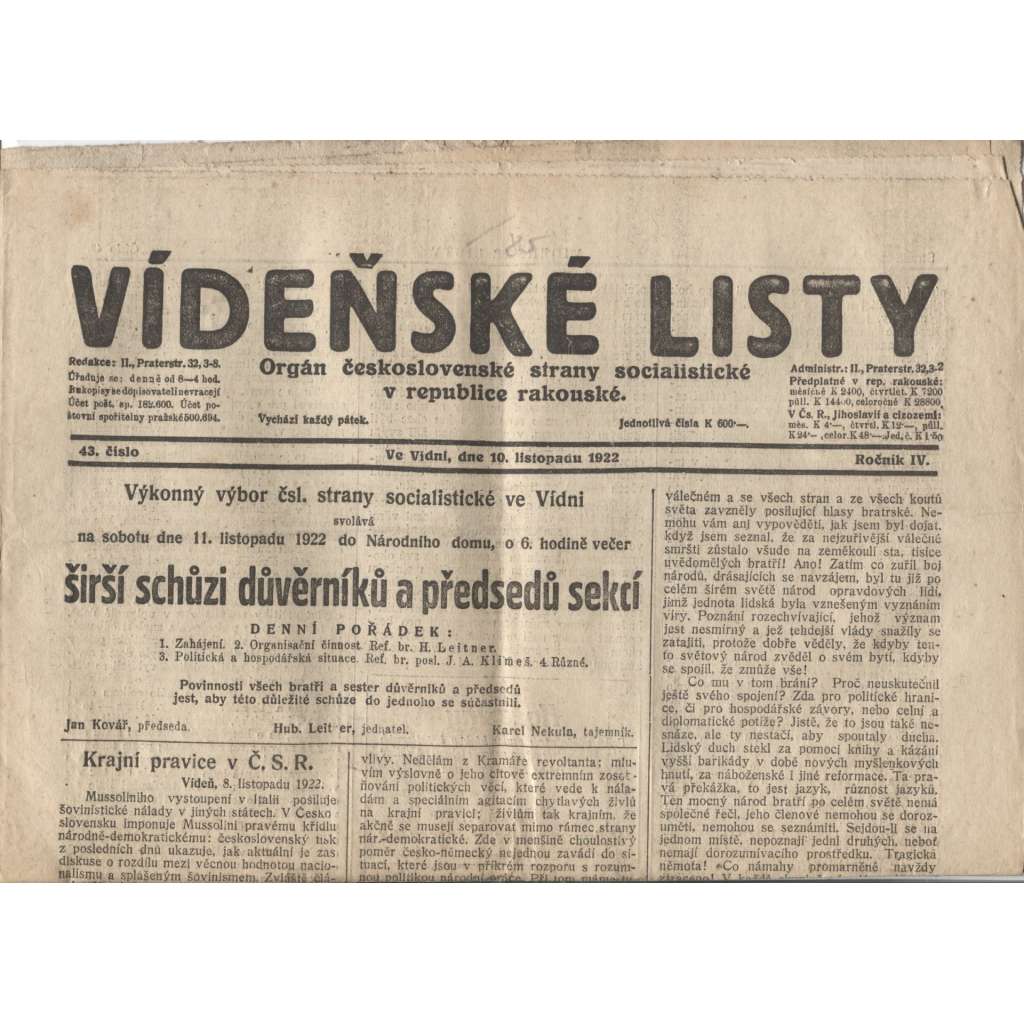 Vídeňské listy. Orgán československé strany socialistické v republice rakouské