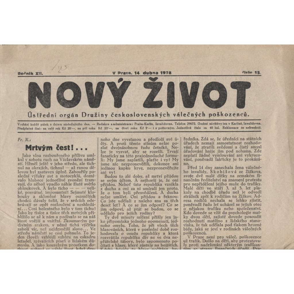 Nový život, ročník XII./1928. Ústřední orgán Družiny československých válečných poškozenců (noviny)