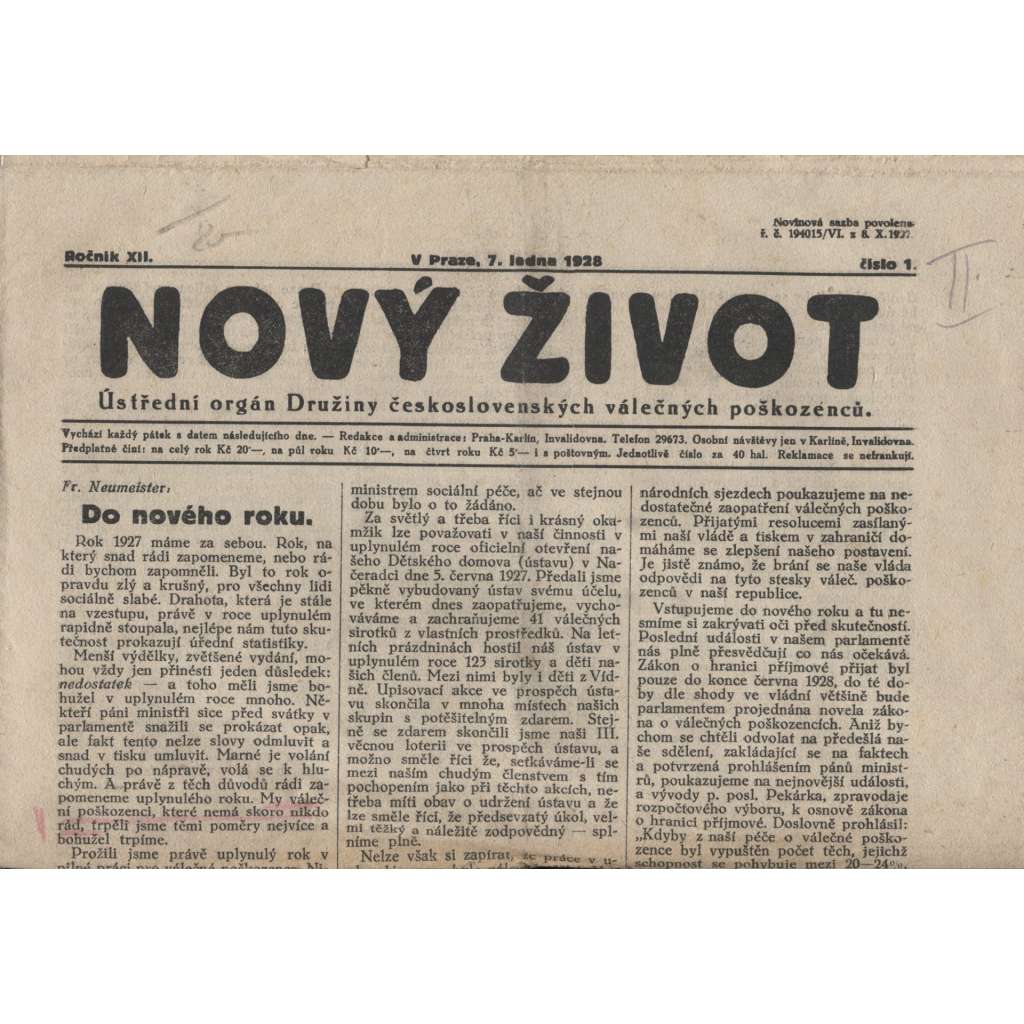 Nový život, ročník XII./1928. Ústřední orgán Družiny československých válečných poškozenců (noviny)
