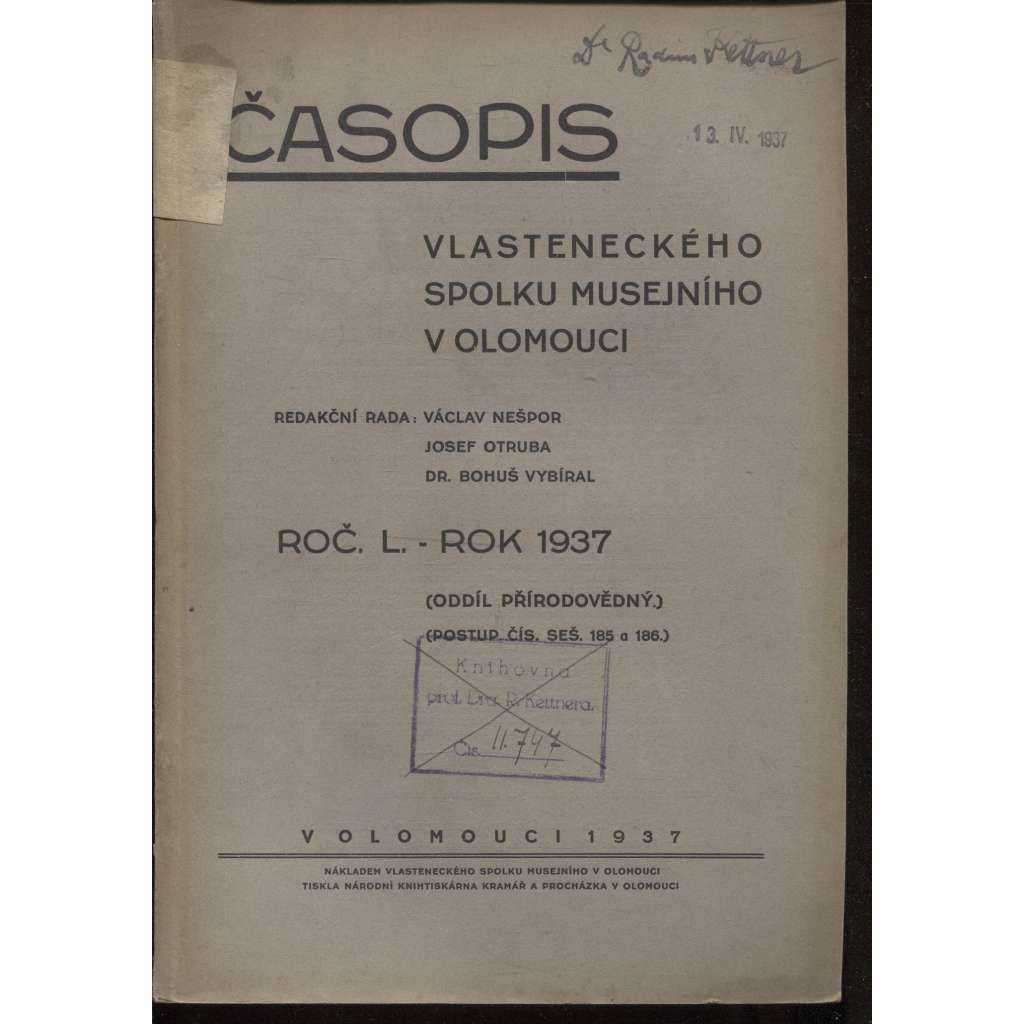 Časopis Vlasteneckého spolku musejního v Olomouci, ročník L/1937 (Olomouc)