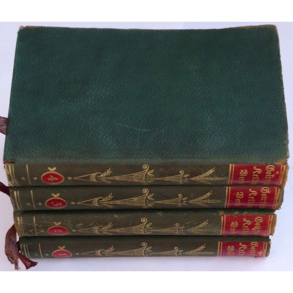 Gottfried Kellers gesammelte Werke in vier Bänden [4 sv.; sebrané spisy; Zelený Jindřich; básně; vazba; kůže] HOL