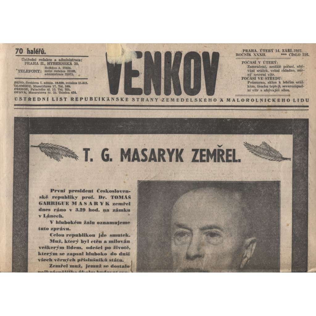 Venkov (noviny 1937, úmrtí T. G. Masaryk, prezident)