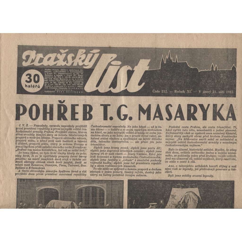 Pražský list (noviny 1937, úmrtí T. G. Masaryk, prezident)