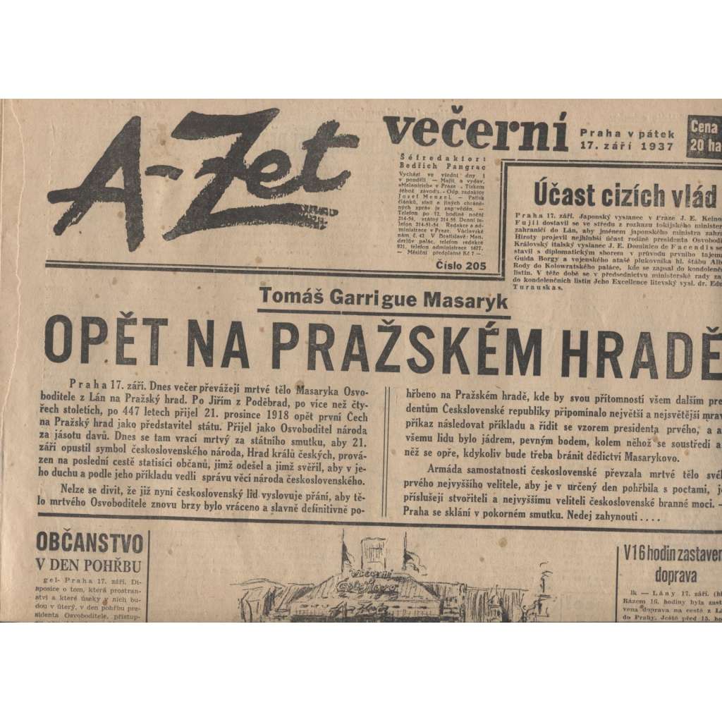 A-Zet večerní (noviny 1937, úmrtí T. G. Masaryk, prezident)