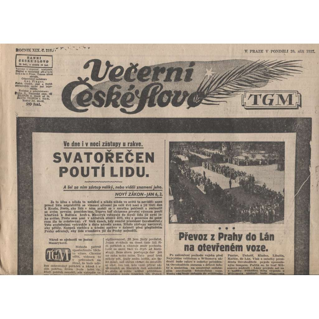Večerní České slovo (noviny 1937, úmrtí T. G. Masaryk, prezident)