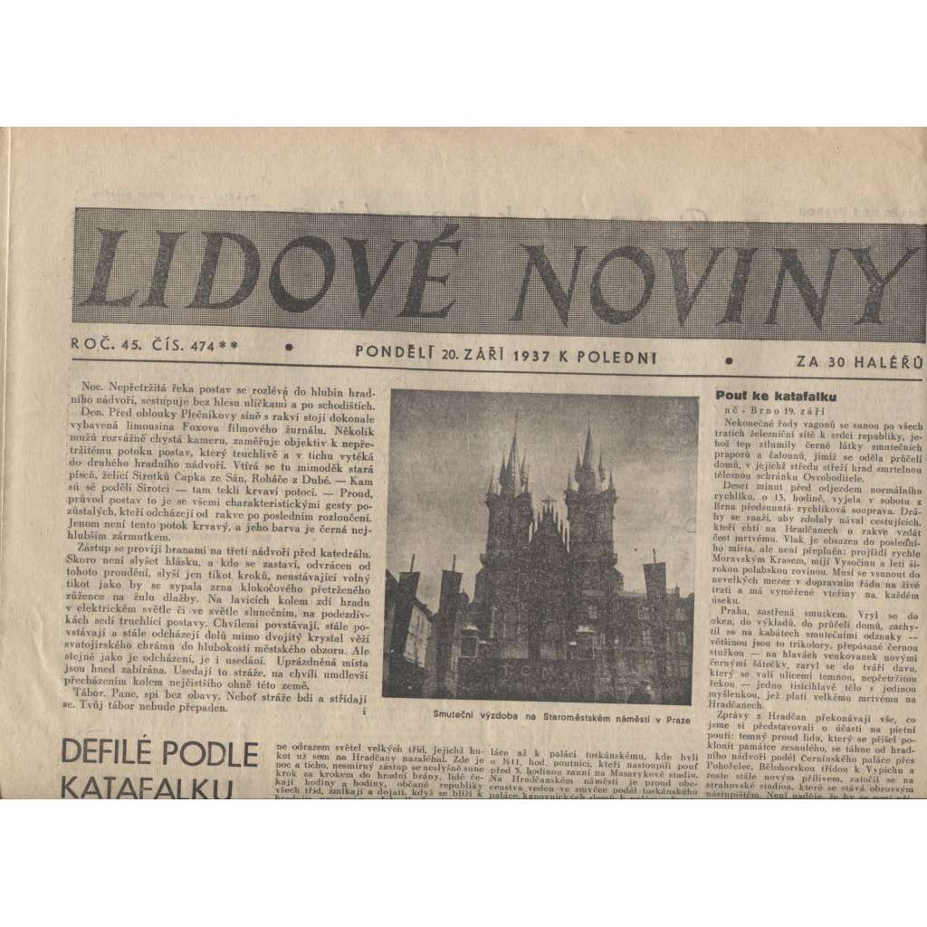 Lidové noviny  (noviny 1937, úmrtí T. G. Masaryk, prezident)