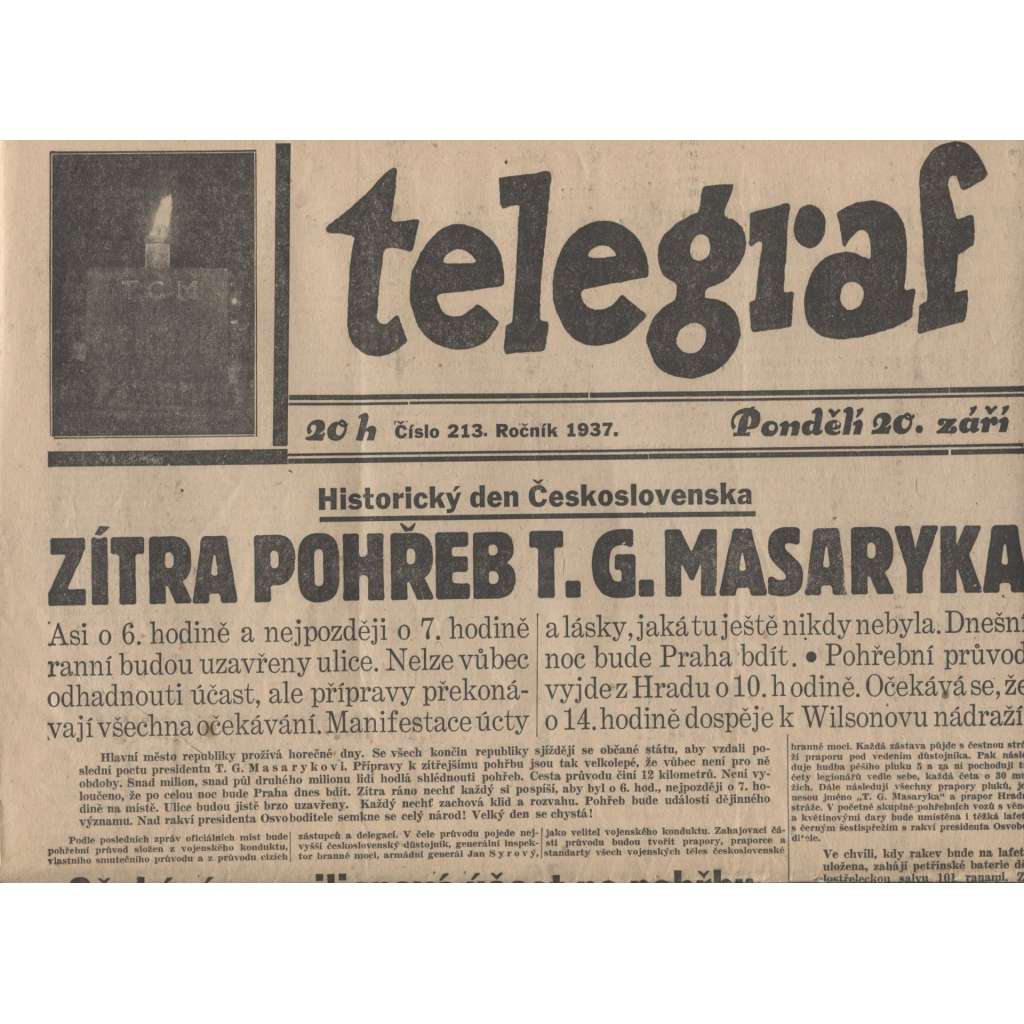 Telegraf  (noviny 1937, úmrtí T. G. Masaryk, prezident)