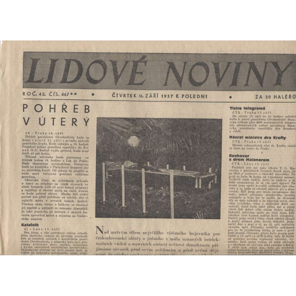 Lidové noviny (noviny 1937, úmrtí T. G. Masaryk, prezident)