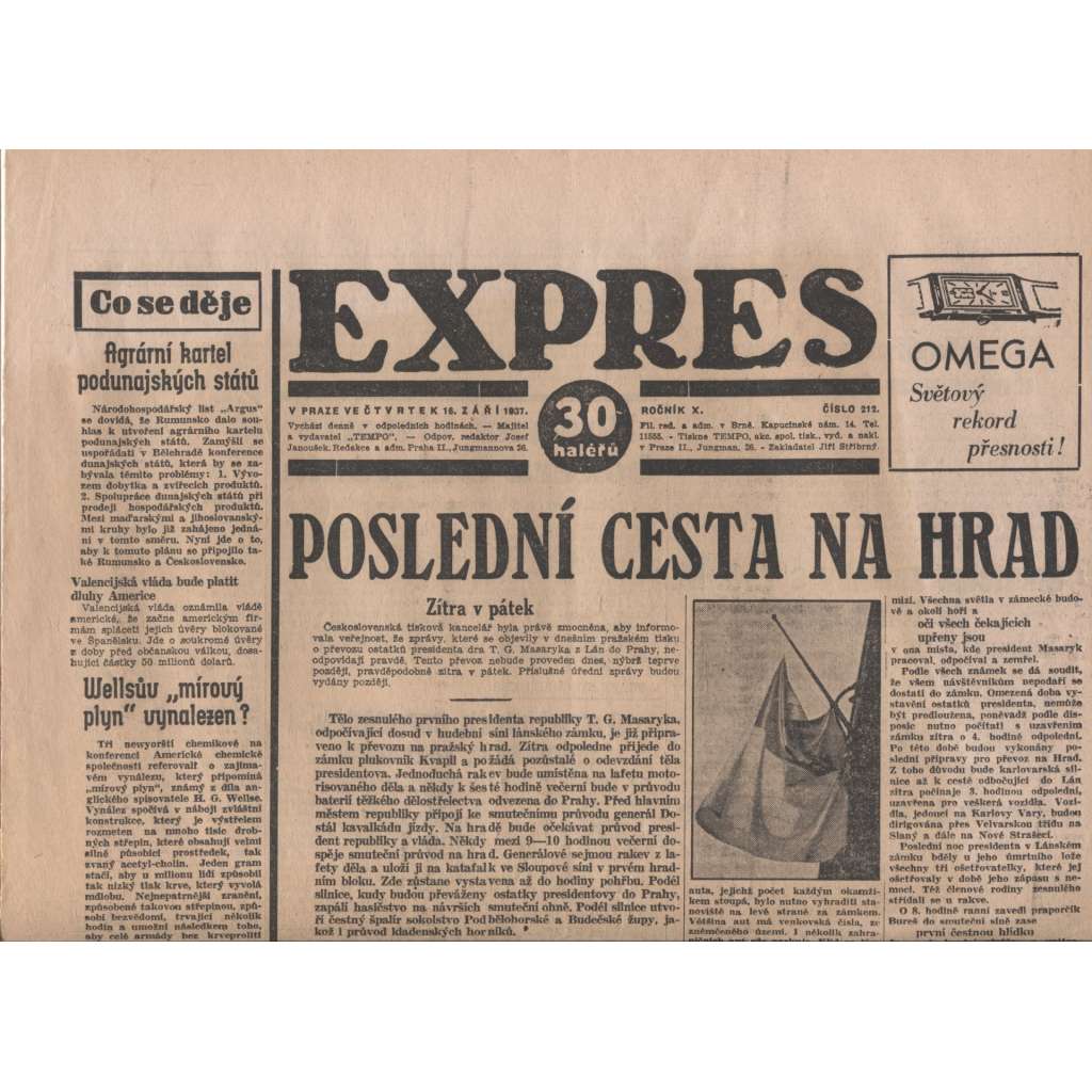 Expres (noviny 1937, úmrtí T. G. Masaryk, prezident)