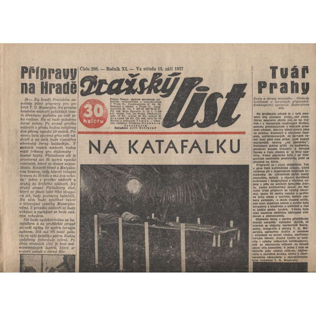 Pražský list (noviny 1937, úmrtí T. G. Masaryk, prezident)