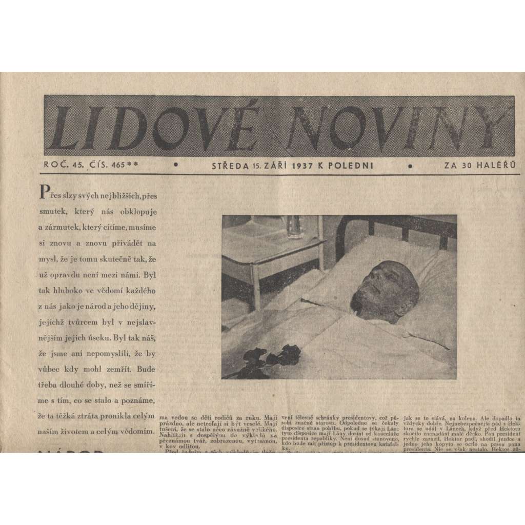 Lidové noviny (noviny 1937, úmrtí T. G. Masaryk, prezident)