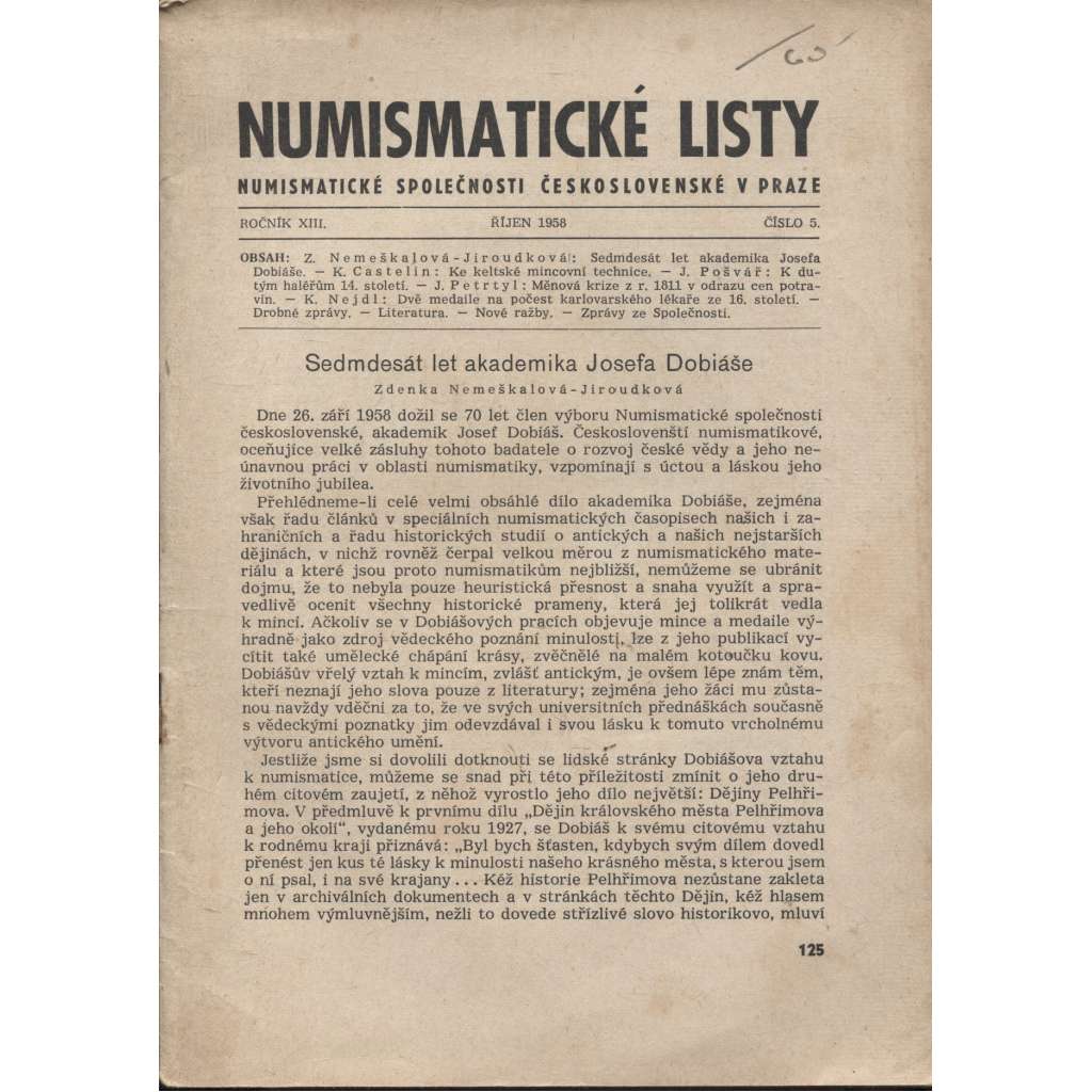 Numismatické listy, ročník XIII., číslo 5/1958