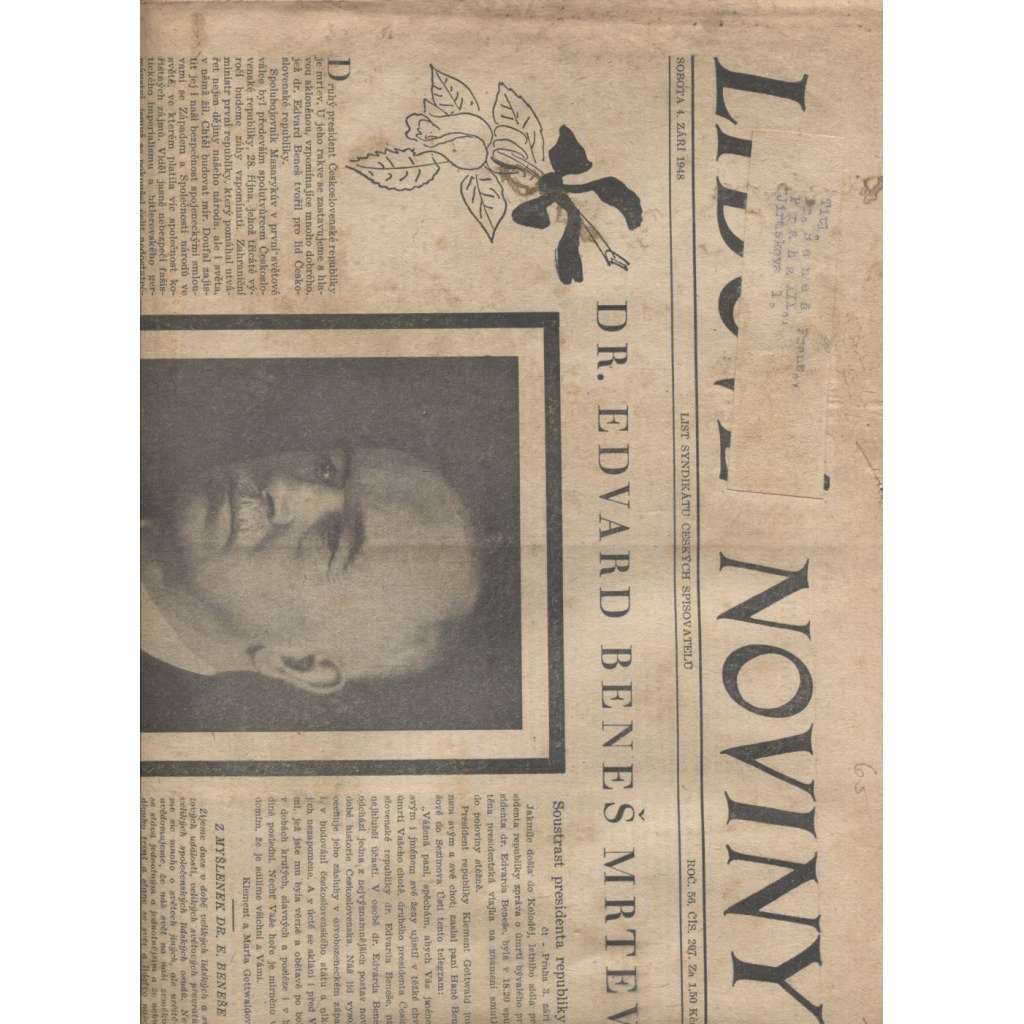 Lidové noviny (4. 9. 1948) - úmrtí Edvard Beneš
