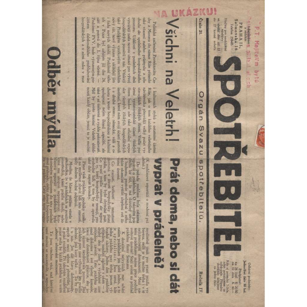 Spotřebitel (25. 9. 1939) - Orgán svazu spotřebitelů (noviny) - Protektorát