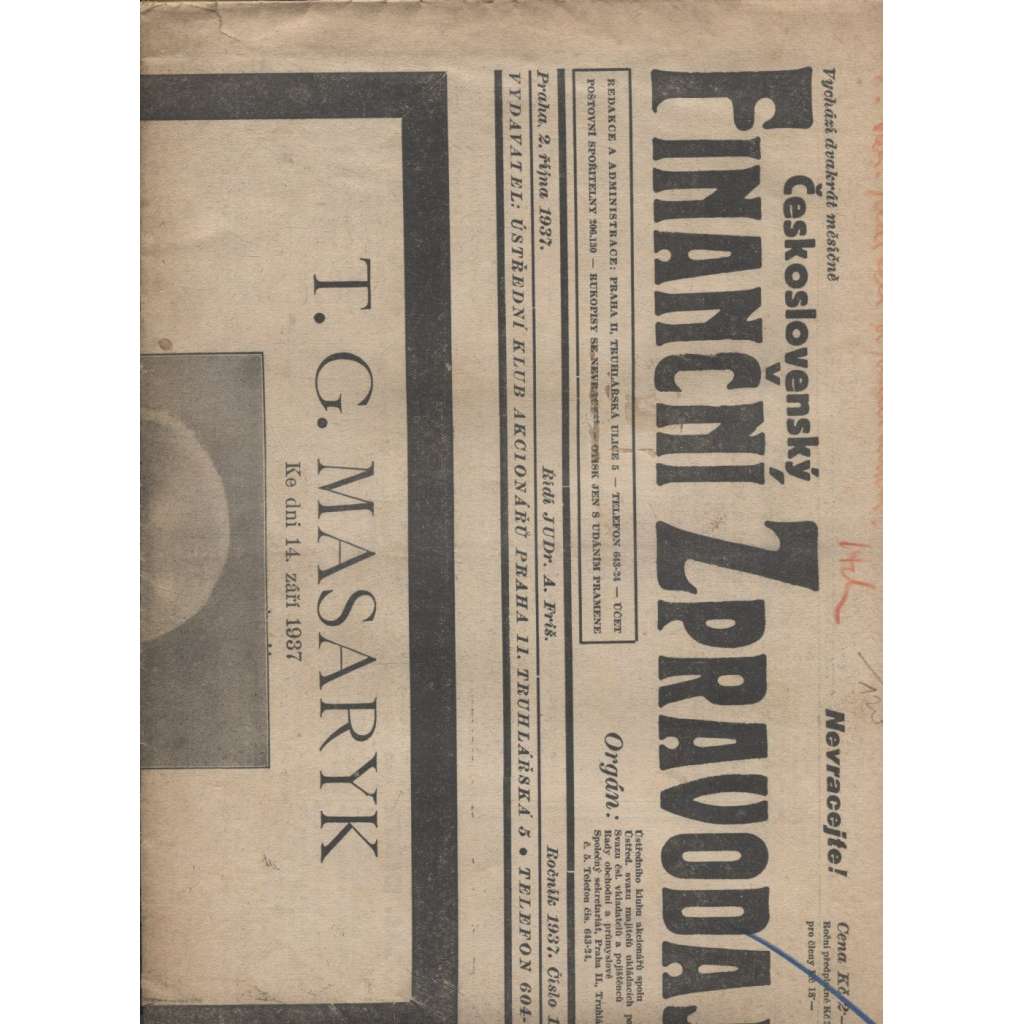 Československý finanční zpravodaj (2. 10. 1971) - noviny, 1. republika (T. G. Masaryk)