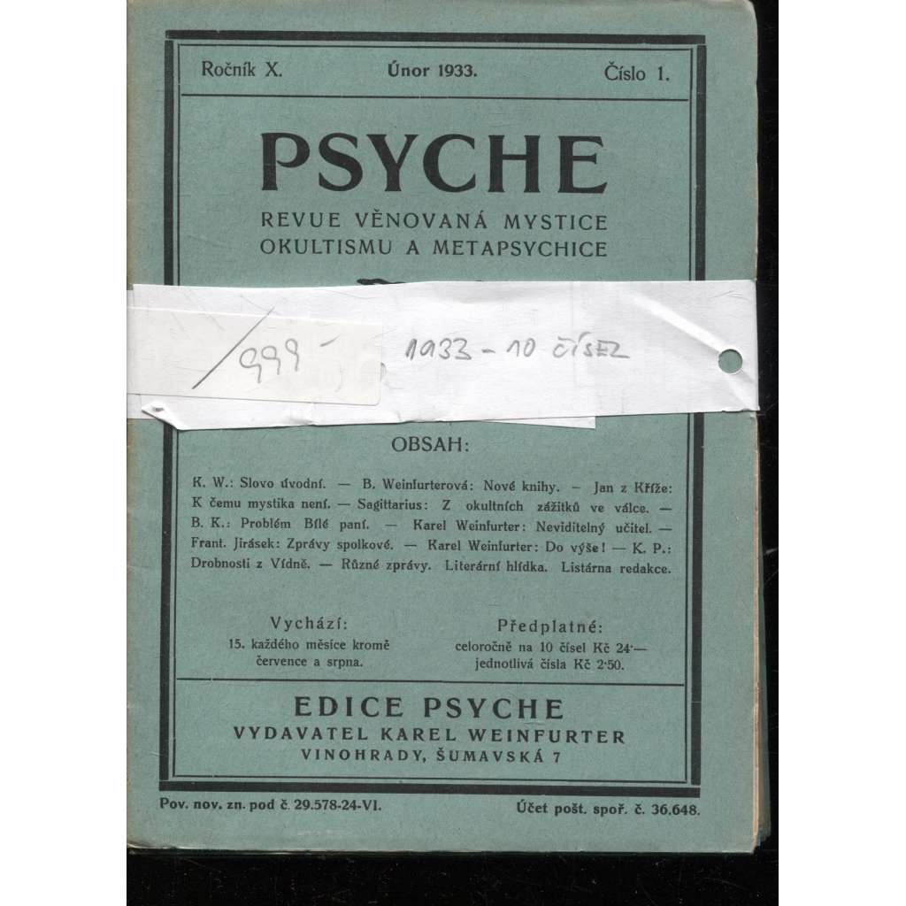 Psyche, ročník X./1933, čísla 1.-10. (Revue věnovaná mystice, okultismu a metapsychice)