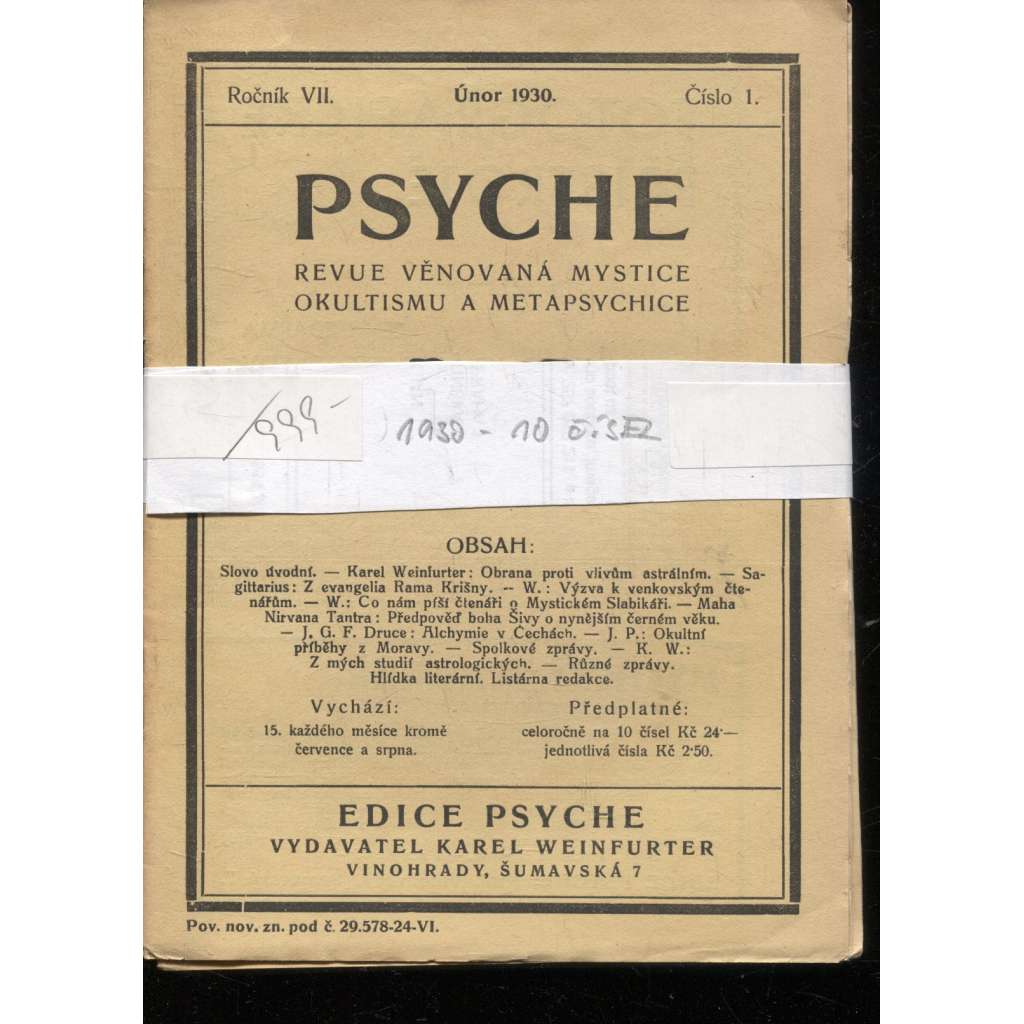 Psyche, ročník VII./1930, čísla 1.-10. (Revue věnovaná mystice, okultismu a metapsychice)