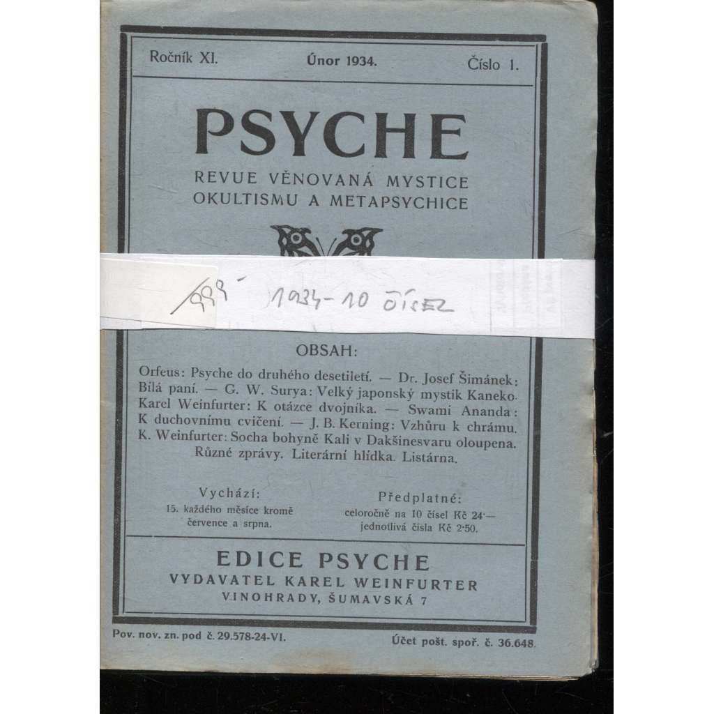 Psyche, ročník XI./1934, čísla 1.-10. (Revue věnovaná mystice, okultismu a metapsychice)
