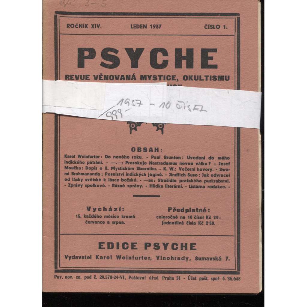 Psyche, ročník XIV./1937, čísla 1.-10. (Revue věnovaná mystice, okultismu a metapsychice)