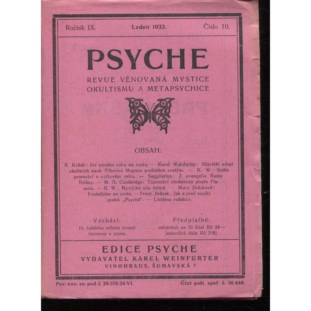 Psyche, ročník IX./1932, číslo 10. (Revue věnovaná mystice, okultismu a metapsychice)