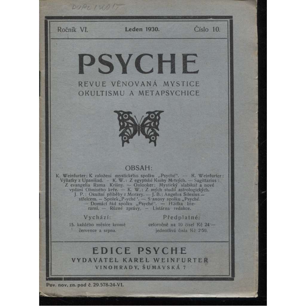 Psyche, ročník VI./1930, číslo 10. (Revue věnovaná mystice, okultismu a metapsychice)