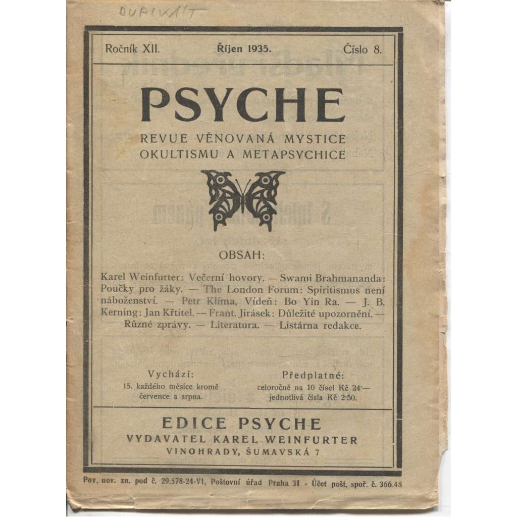 Psyche, ročník XII./1935, číslo 8. (Revue věnovaná mystice, okultismu a metapsychice)