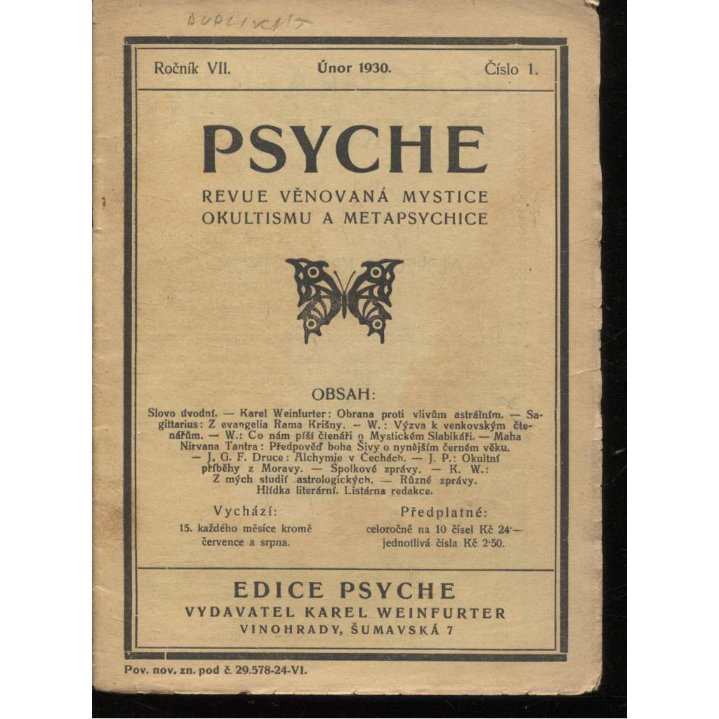 Psyche, ročník VII./1930, číslo 1. (Revue věnovaná mystice, okultismu a metapsychice)