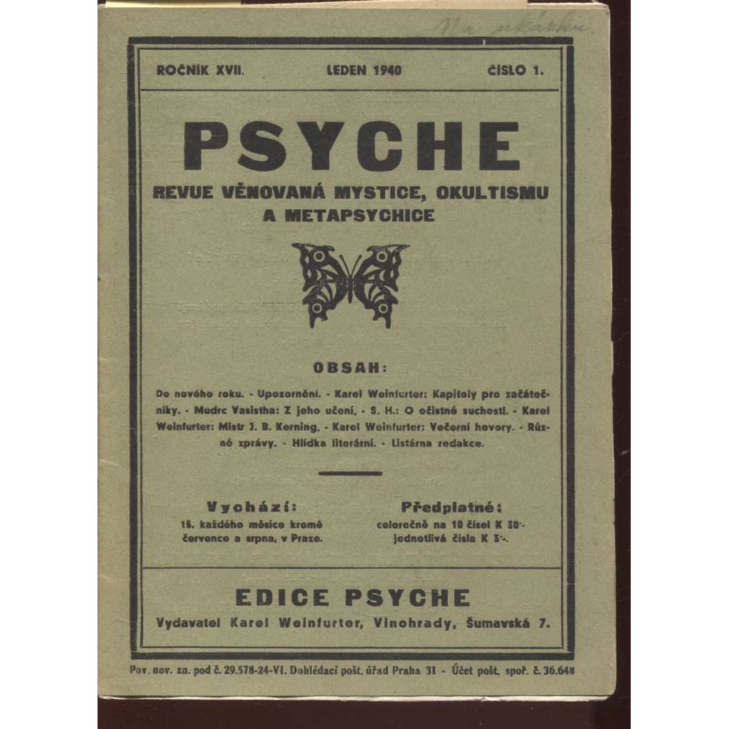 Psyche, ročník XVII./1940, čísla 1.-6. (Revue věnovaná mystice, okultismu a metapsychice) - není kompletní - chybí číslo 7.-10.