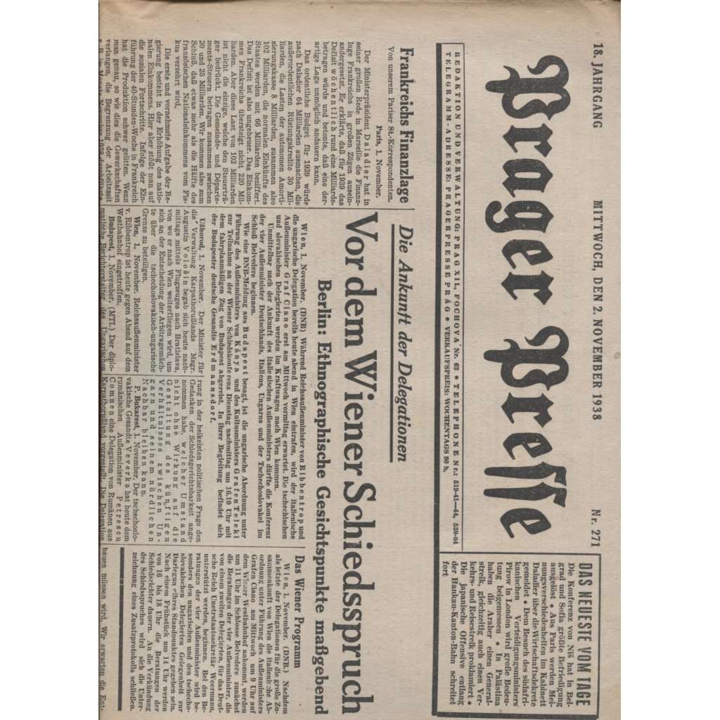 Prager Presse (noviny, červen-prosinec 1938, 1. republika, text německy) - 68 kusů