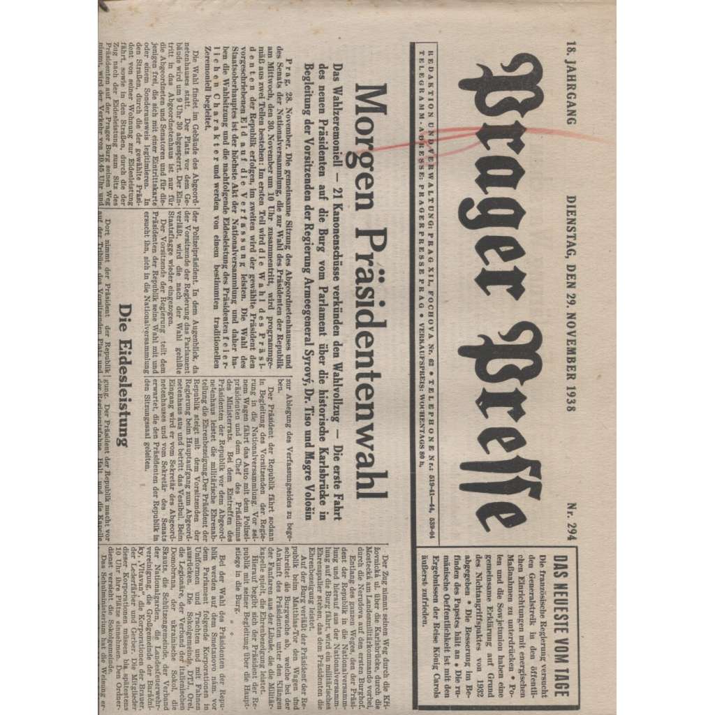 Prager Presse (noviny 1938, 1. republika, text německy) - 4 kusy