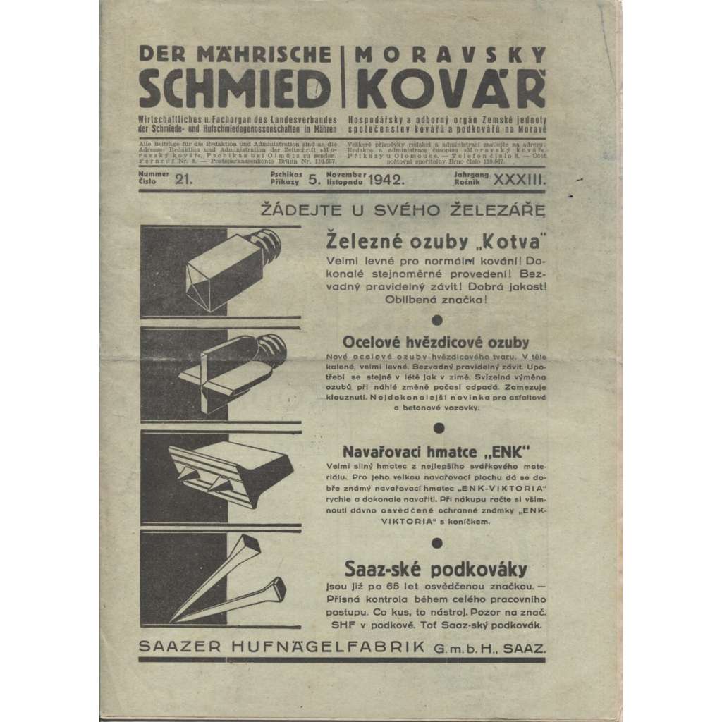 Moravský kovář, č. 21 a 22/1942 (Kovářství) - Der Mährische Schmied