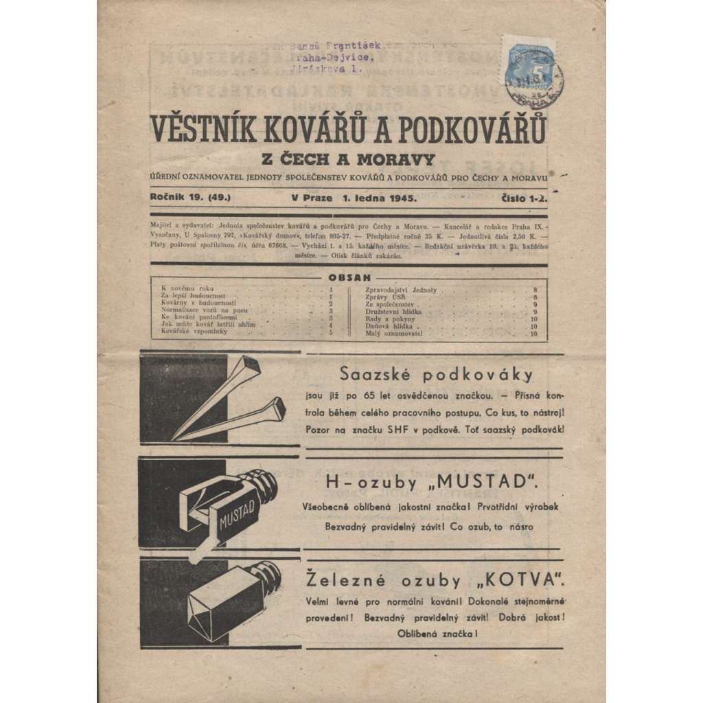 Věstník kovářů a podkovářů, č. 1.-8./1945 (Kovářství)