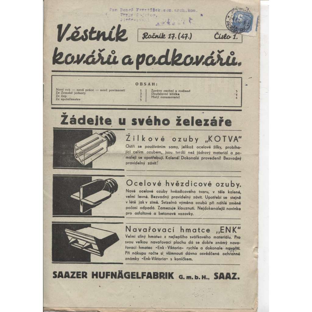 Věstník kovářů a podkovářů, č. 1.-11., 13.-16., 23. a 24/1943 (Kovářství)