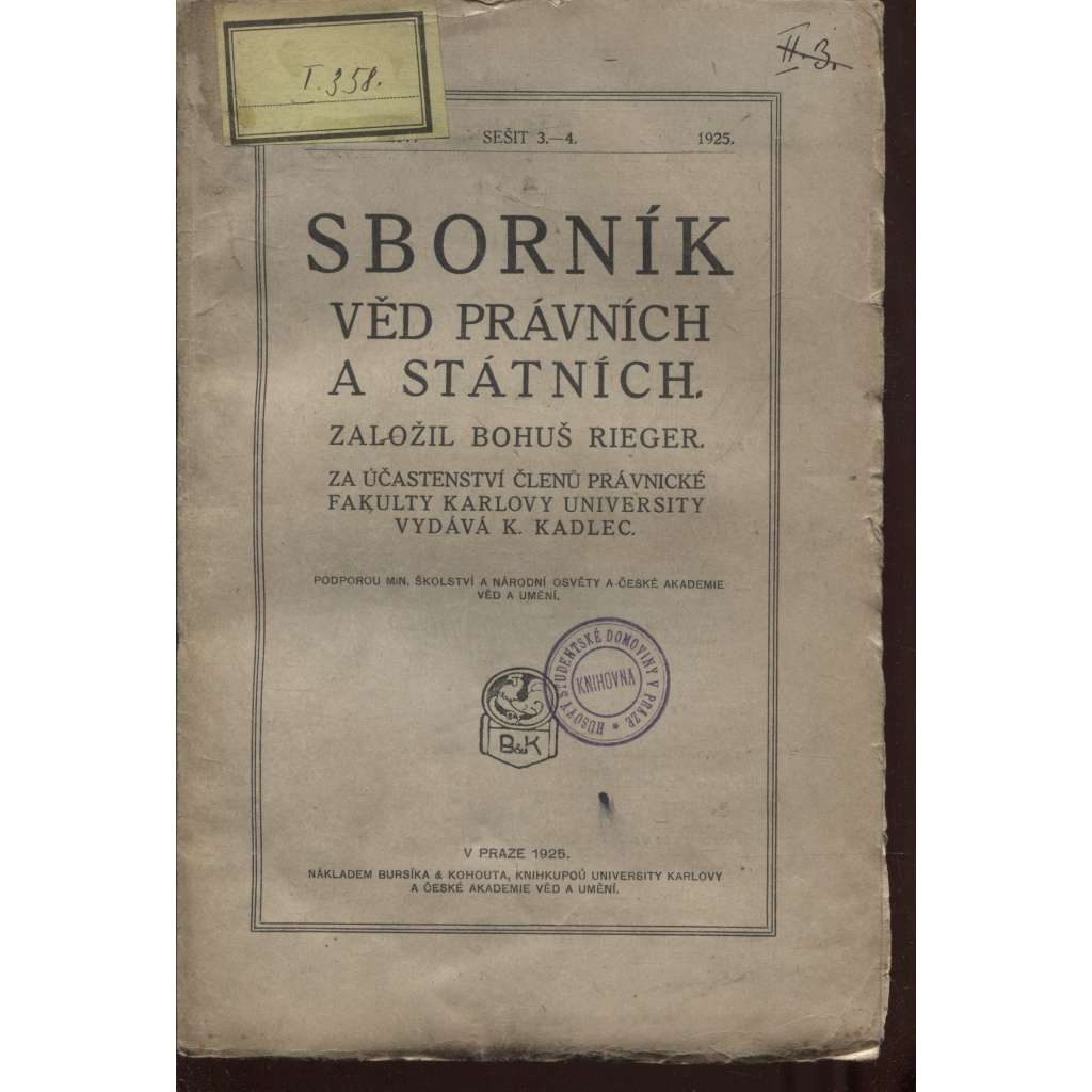Sborník věd právních a státních, ročník XXV, sešit 3-4/1925 (právo)