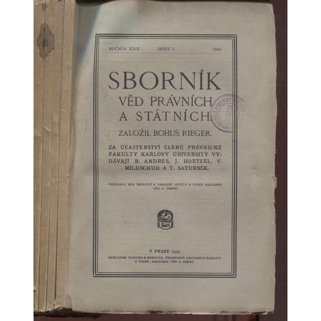 Sborník věd právních a státních, ročník XXX, sešit 1.- 4./1930 (4 svazky) - právo