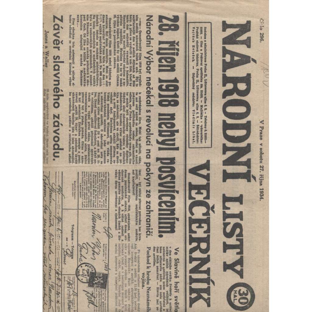 Národní listy - večerník (27.10.1934) - noviny 1. republika