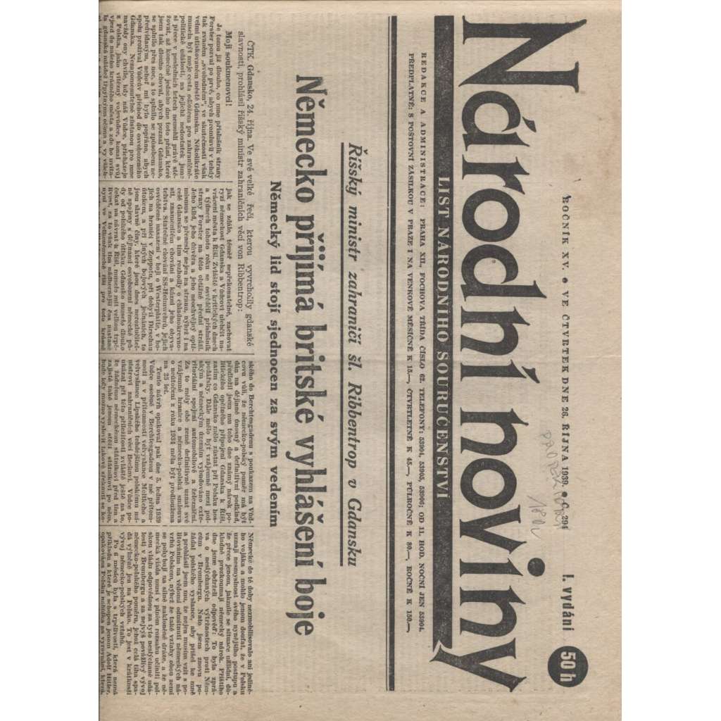 Národní noviny (26.10.1939) - Protektorát