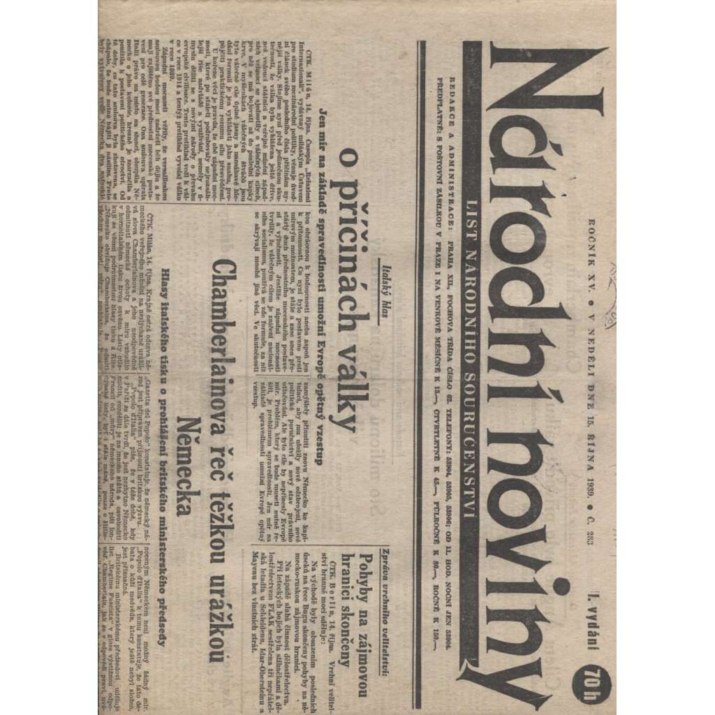 Národní noviny (15.10.1939) - Protektorát (není kompletní)